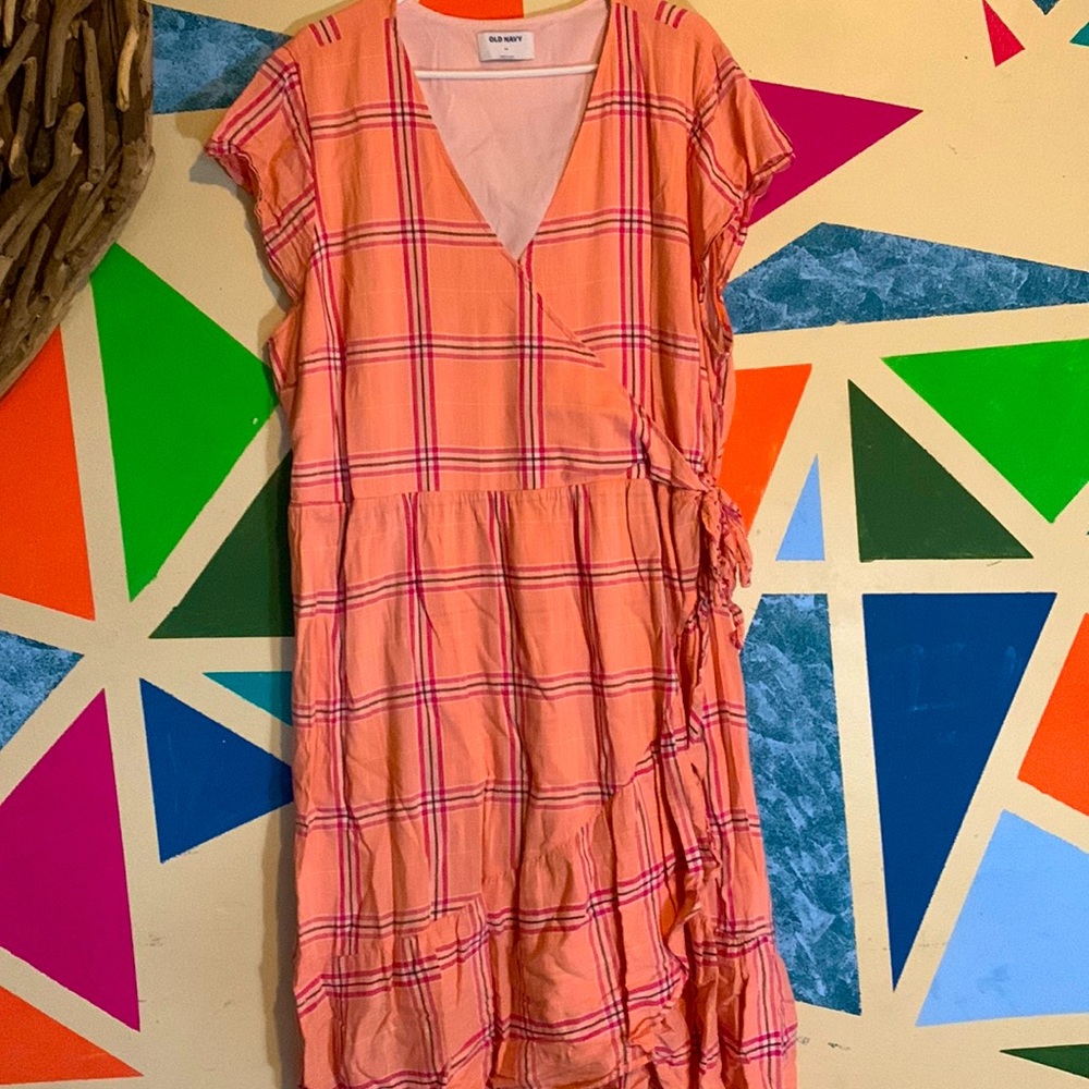 OLD NAVY peach colored plaid side tie dress